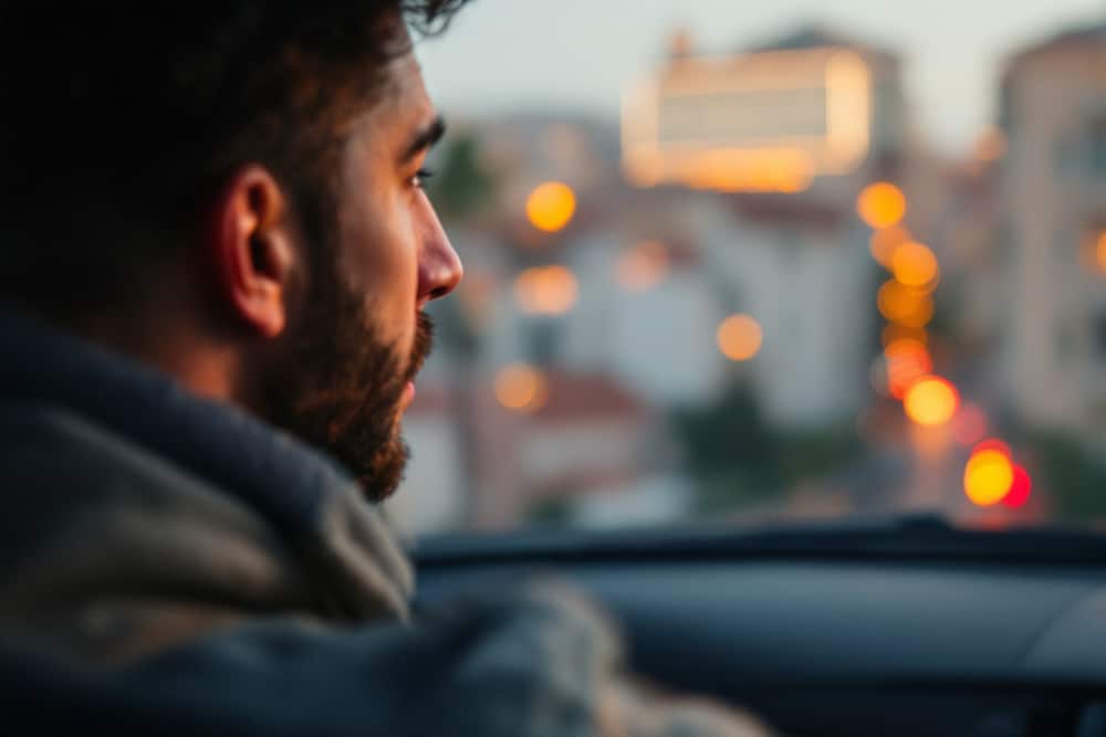 hombre reflexionando dentro de un auto en ciudad