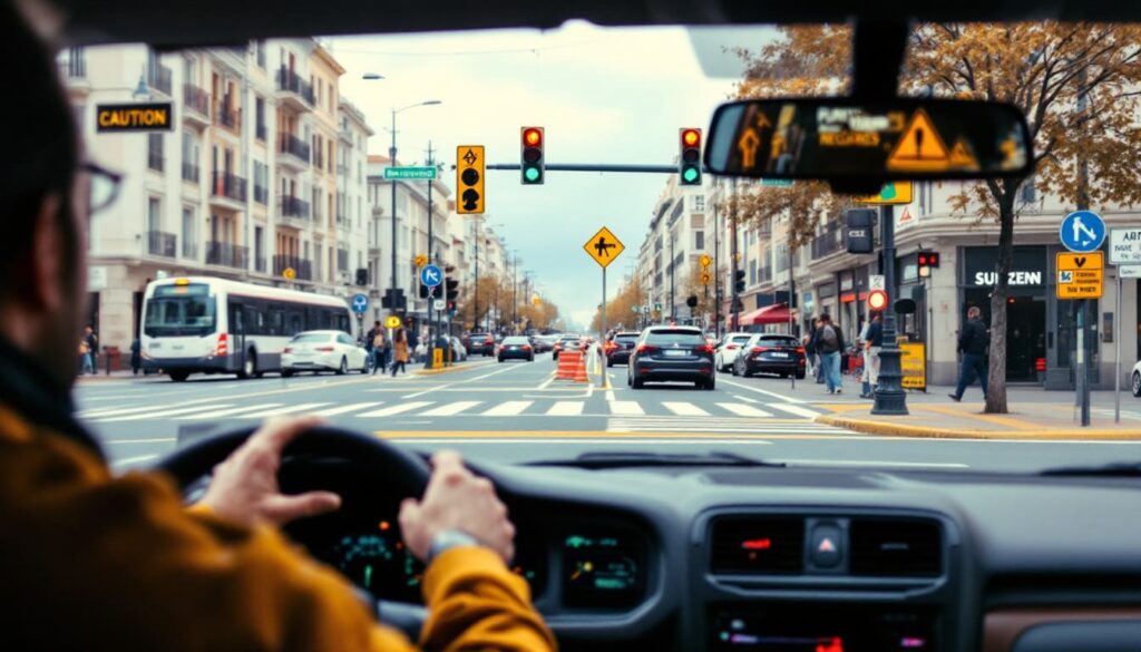 conductor en ciudad moderna vista desde interior del coche en movimiento