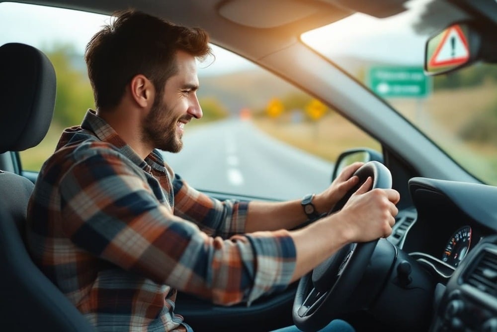 hombre sonriendo al volante de coche en carretera durante el dia