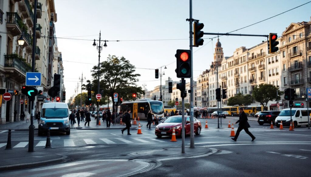peatones cruzando avenida urbana en semaforo rojo en hora punta