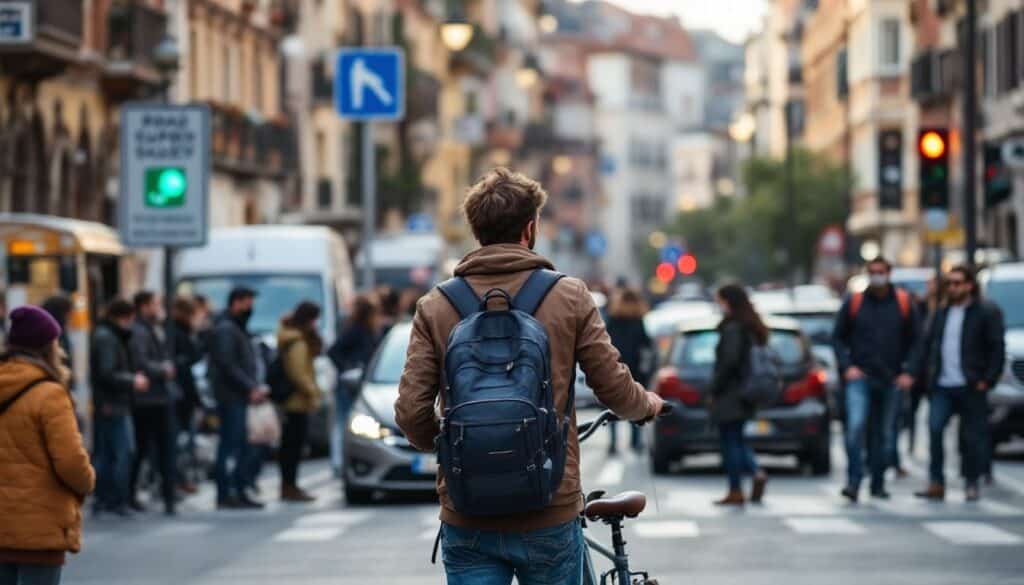 persona con mochila cruzando calle peatonal en ciudad con trafico y edificios