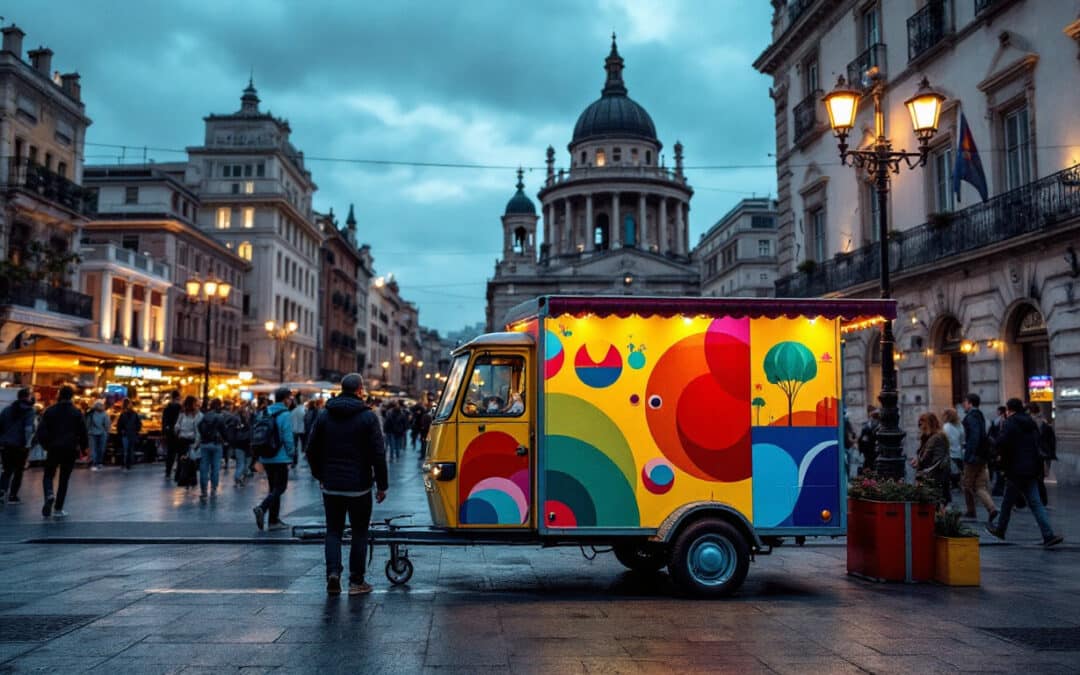 A photograph of capture a photograph of a vibrant scene in pamplona featuring a colorful carnet trailer