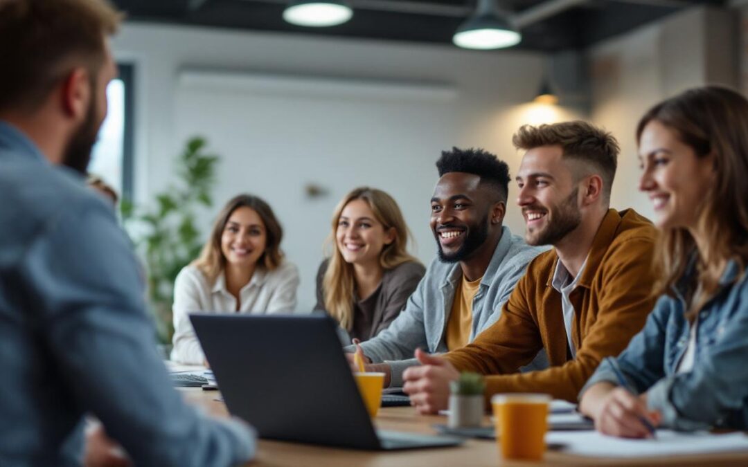 A photograph of a diverse group of enthusiastic driving students in a modern classroom setting